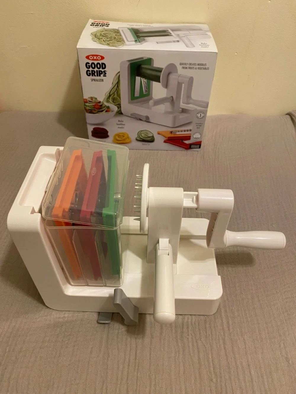 OXO Good Grips Spiralizer with White Body and Orange, Red, Green, Gray Blades